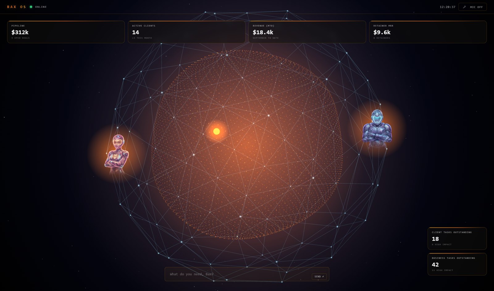 The Bax OS master dashboard: NOVA at the core, Lyra and Orion in orbit with their own avatars, and pipeline, client, revenue and task tiles across the top