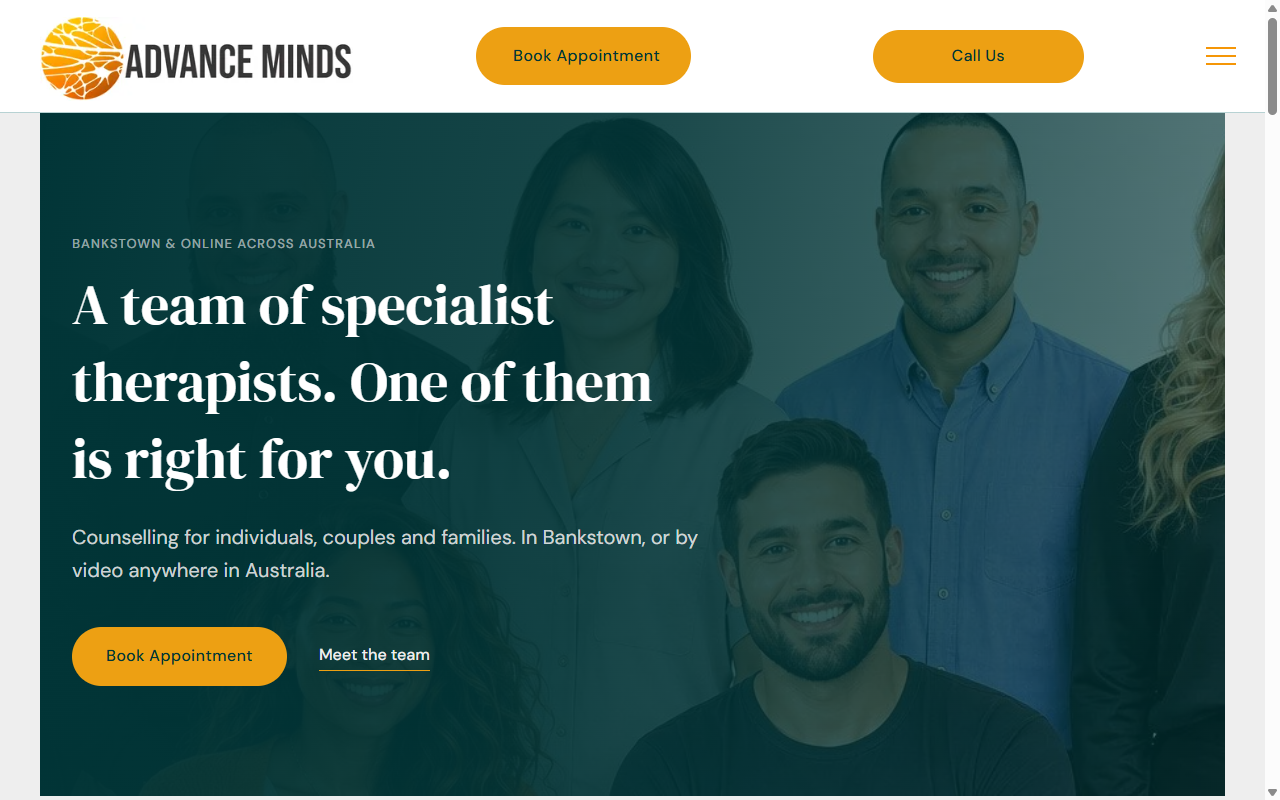 Advance Minds homepage after the redesign: a team photograph, one headline and a booking button