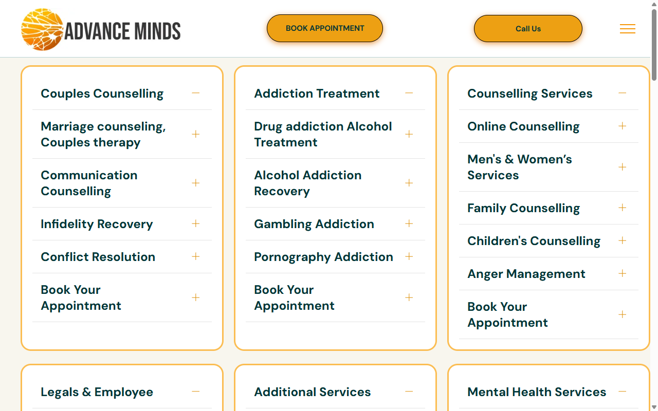 Advance Minds homepage before the redesign: a grid of accordion menus and no headline